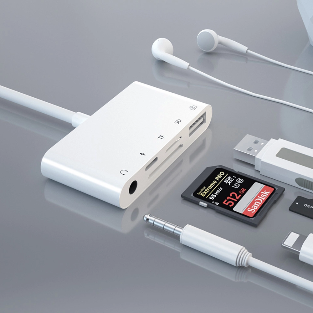 Adaptor Multiport 5 in 1 de la Lightning la Jack Mama 3.5 mm, USB OTG, SD, Micro SD, Lightning