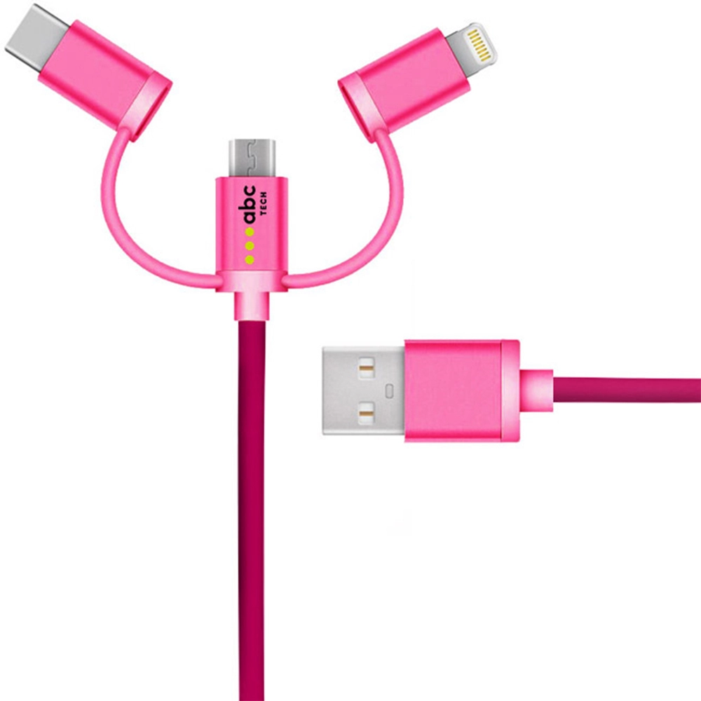 Cablu De Date 30 CM Universal, USB A La Lightning, Type C Si Micro-USB, Roz