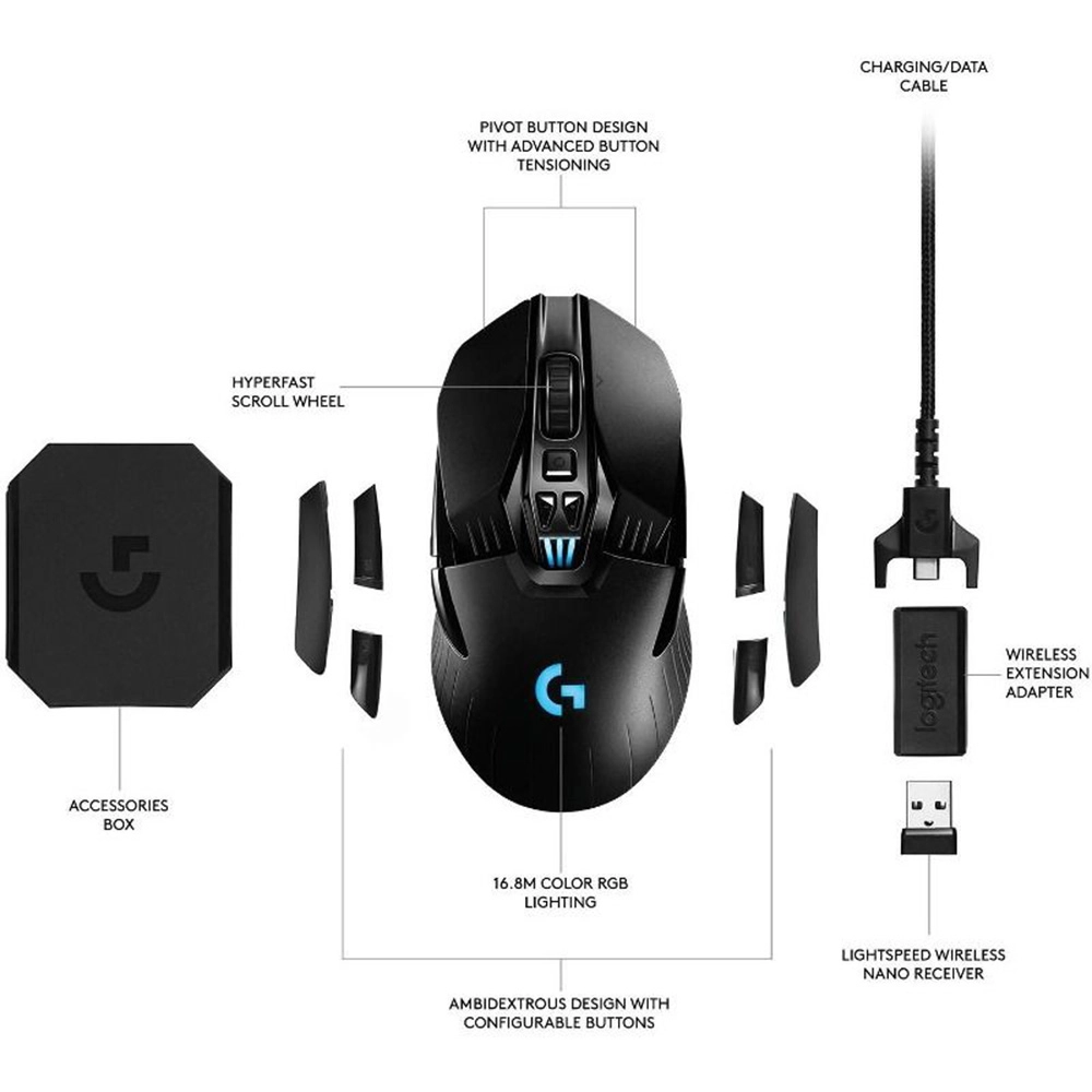 Mouse Wireless Gaming Lightspeed G903, 16.000 DPI, Senzor Hero 16k, 11 Butoane Ambidextre/Programabile, Functia Lightsync, Negru
