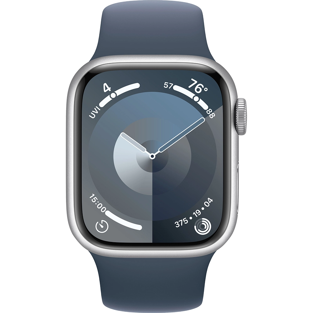 Smartwatch Watch 9 GPS 41 mm carcasa Aluminiu Silver si curea Sport Storm Blue M/L Argintiu
