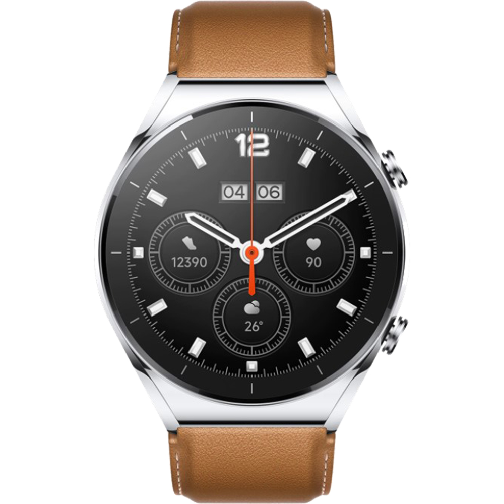 Smartwatch Watch S1 Global Silver cu curea de piele Maro Argintiu