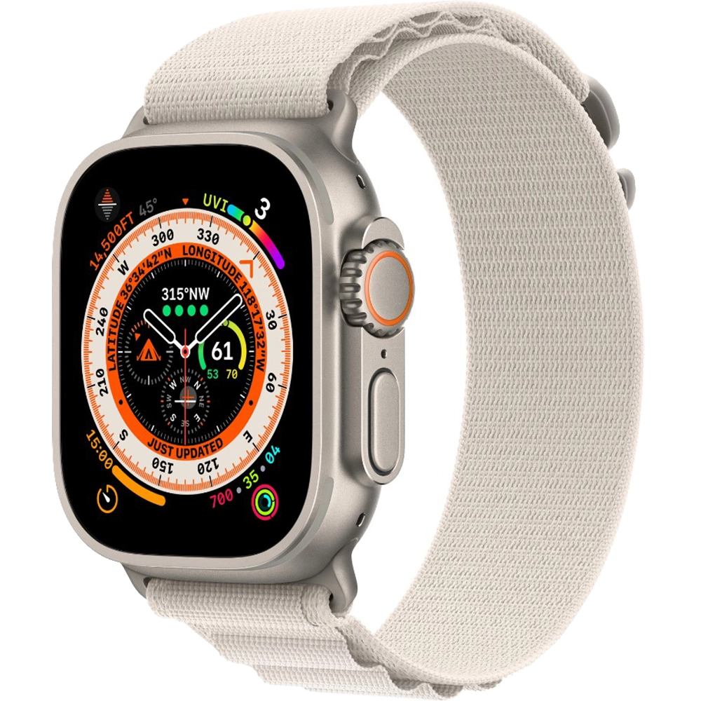 Smartwatch Watch Ultra GPS + Cellular 49 mm carcasa Titan si curea Starlight Alpine Loop M Alb