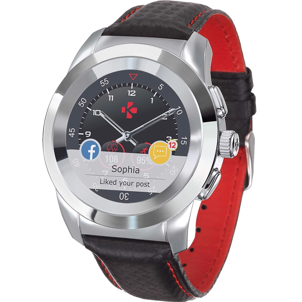 Smartwatch ZeTime Premium 44MM Argintiu Polished Si Curea Piele Carbon Negru - Rosu, Ecran Touch Color, Monitorizare Ritm Cardiac, Rating de Apa 5ATM
