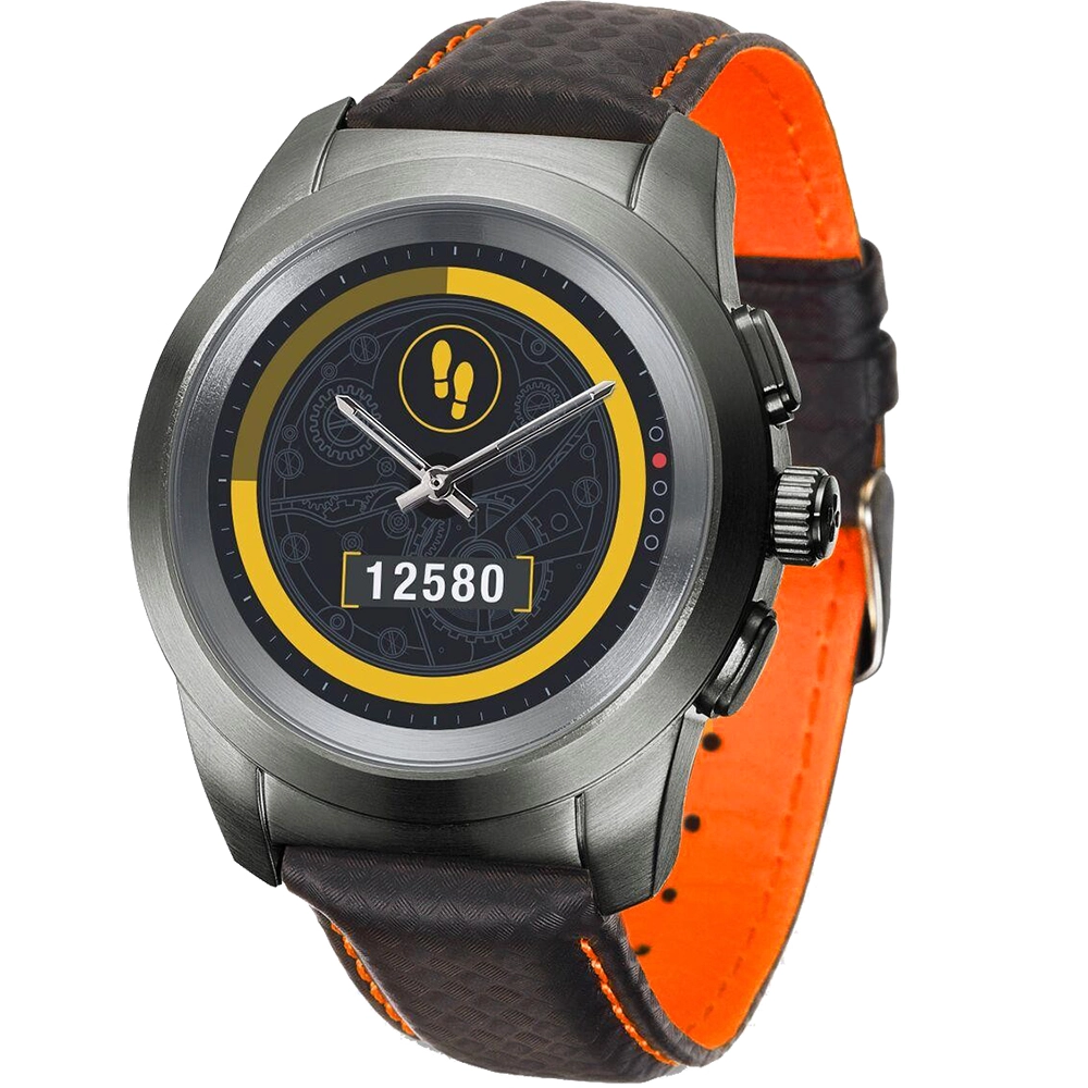Smartwatch ZeTime Premium Negru Brushed Si Curea Piele Carbon Negru - Portocaliu, Ecran Touch Color, Monitorizare Ritm Cardiac, Rating de Apa 5ATM