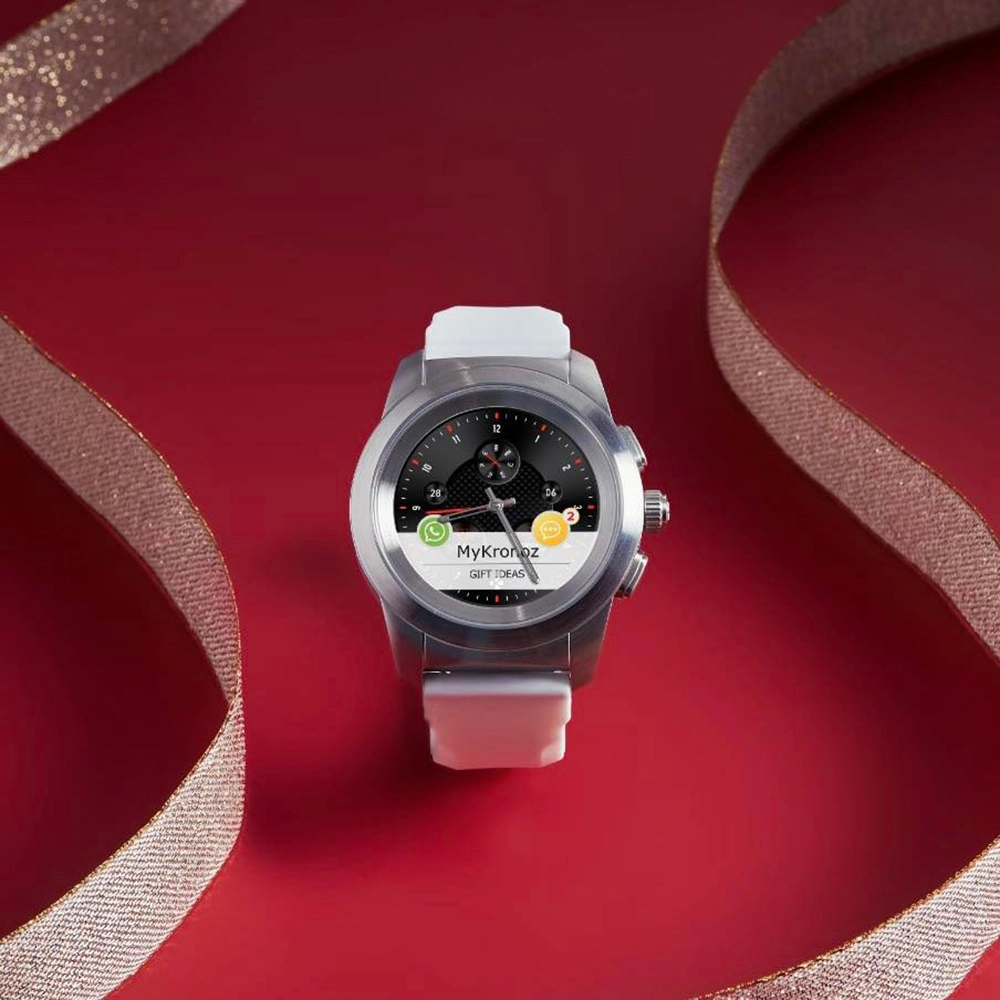 Smartwatch ZeTime Standard 44MM Argintiu Brushed Si Curea Silicon Alba,  Ecran Touch Color, Monitorizare Ritm Cardiac, Bluetooth 4.2, Rezistenta la Apa 5ATM