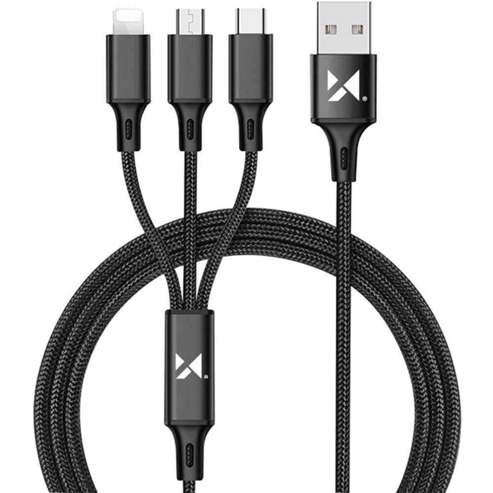 WOZINSKY Cablu incarcare si date de la USB-A catre 3 tipuri de incarcare: USB Typ C/ micro USB/ Lightning IOS, putere incarcare 2.8A cu lungime 1,25m culoare Negru