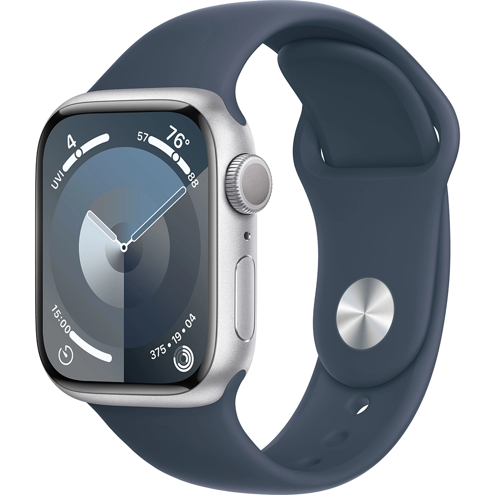 Smartwatch Watch 9 GPS 41 mm carcasa Aluminiu Silver si curea Sport Storm Blue S Argintiu